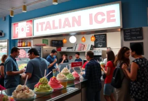 Customers enjoying frozen treats at Happy Belly's Italian Ice Factory