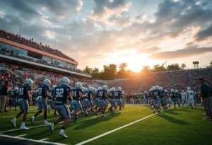 Players in action during a high school football game at Preston Crownover Stadium.