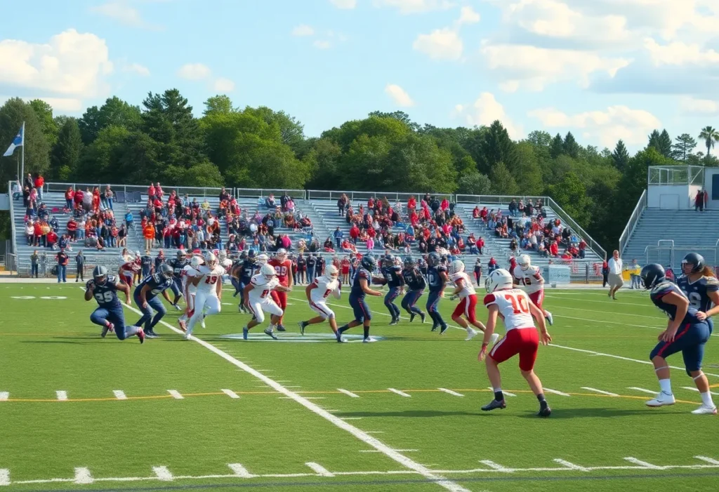 High school football teams in action on the field with spectators cheering