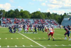 High school football teams in action on the field with spectators cheering
