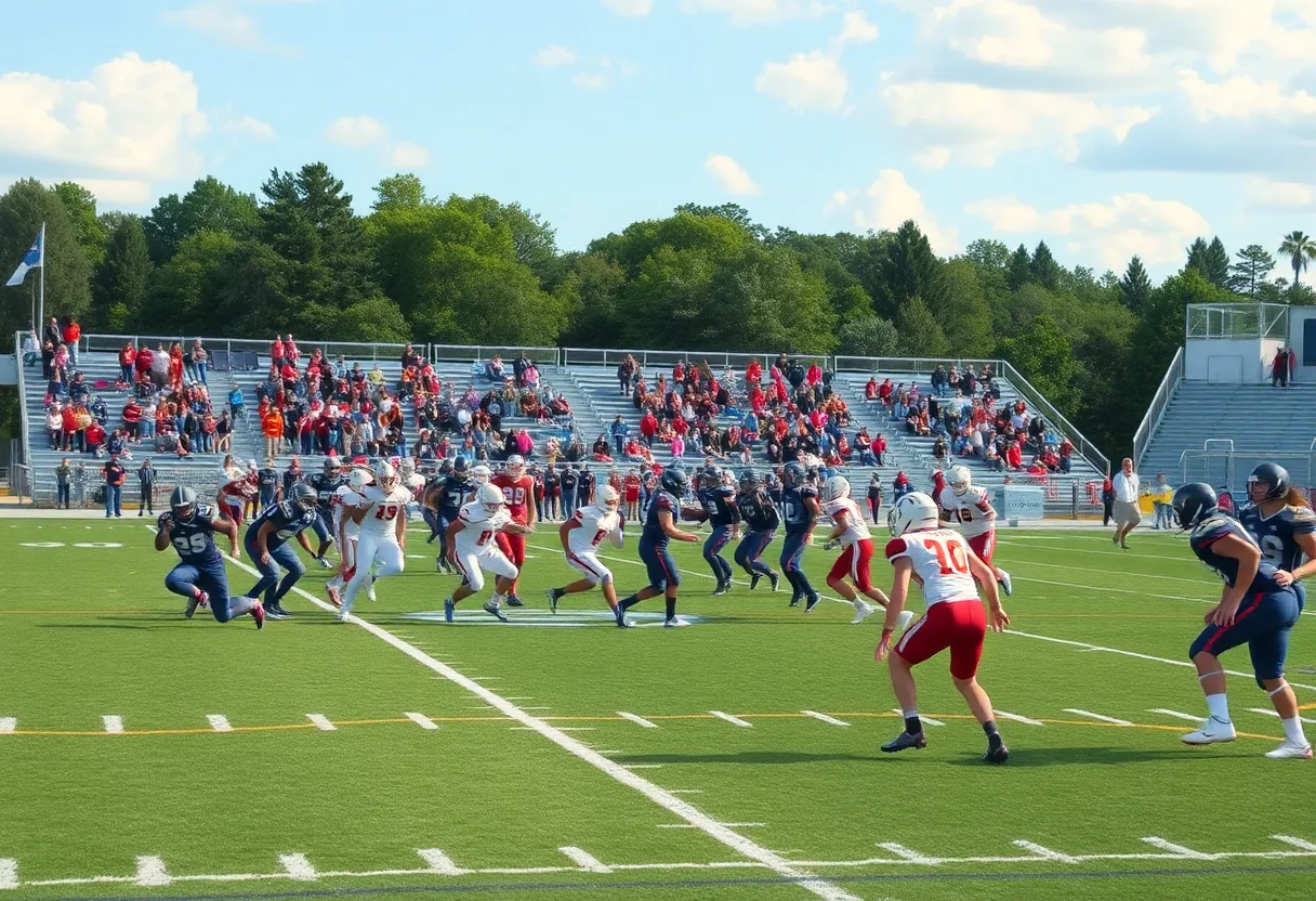 High school football teams in action on the field with spectators cheering