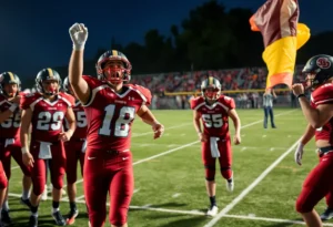 Celebration of a high school football player with teammates on the field