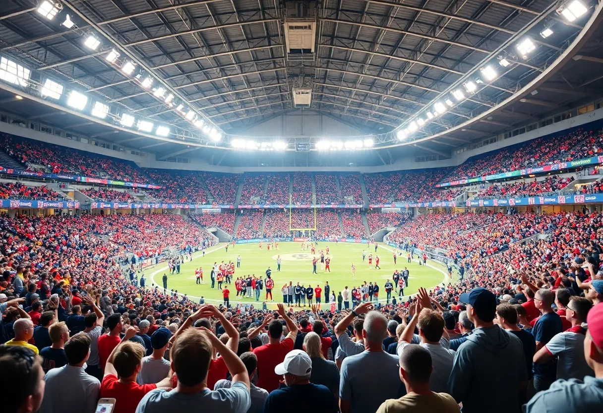 Indoor arena football game with fans cheering
