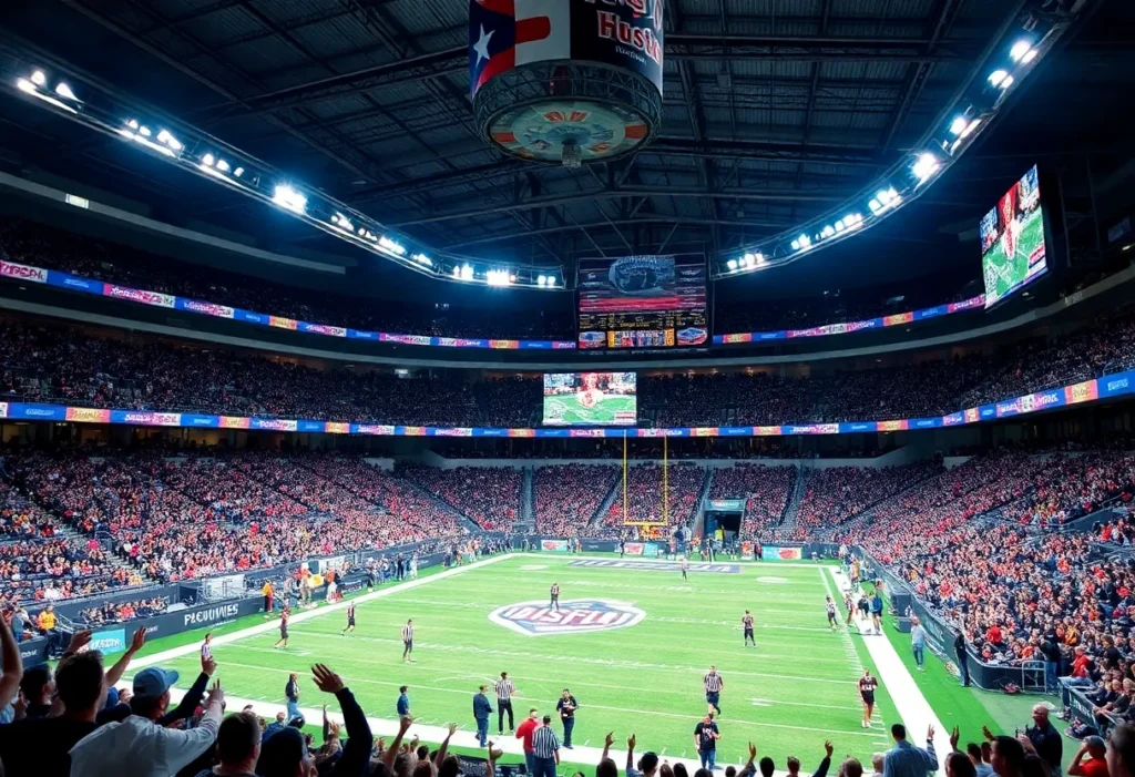 Fans enjoying an indoor arena football game with colorful banners