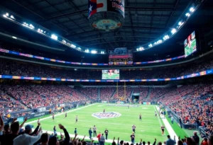 Fans enjoying an indoor arena football game with colorful banners