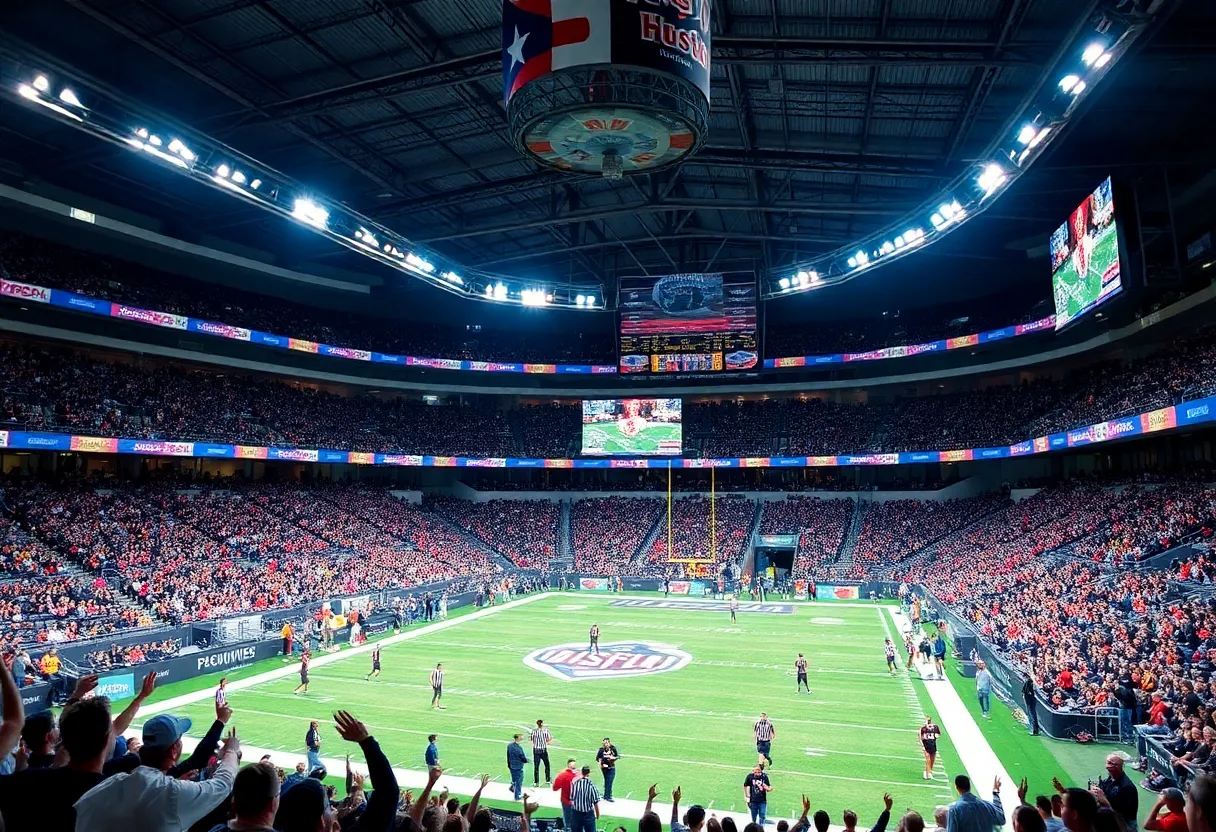 Fans enjoying an indoor arena football game with colorful banners