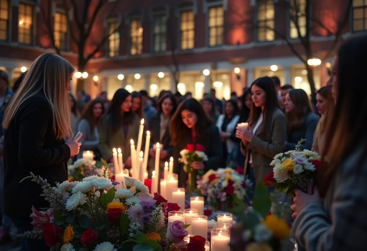 Students gathered at a vigil for Charlie Kirk, honoring his legacy with candles and flowers.