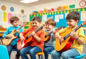 Students enjoying music class while playing instruments