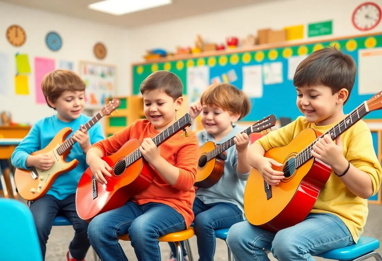 Students enjoying music class while playing instruments