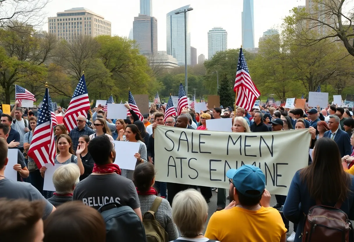 Participants at the No Kings protests holding banners and flags