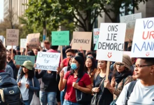 Crowd holding protest signs for No Kings Protests