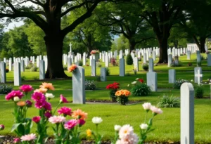 A serene cemetery scene with flowers representing remembrance.
