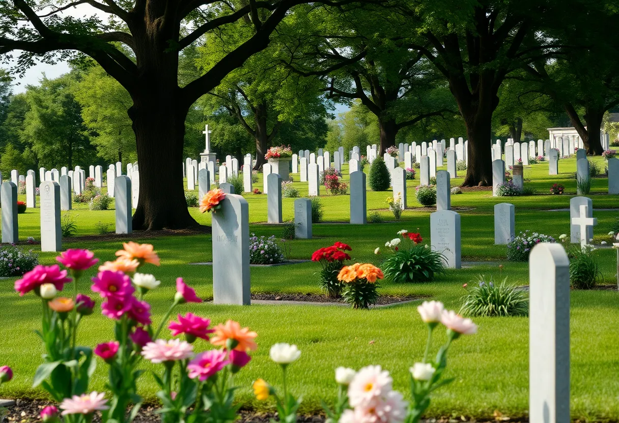 A serene cemetery scene with flowers representing remembrance.