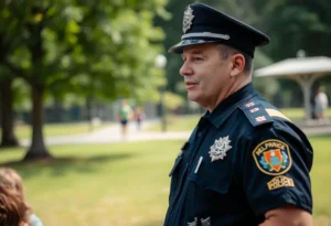 Police officer engaging with community members about child safety