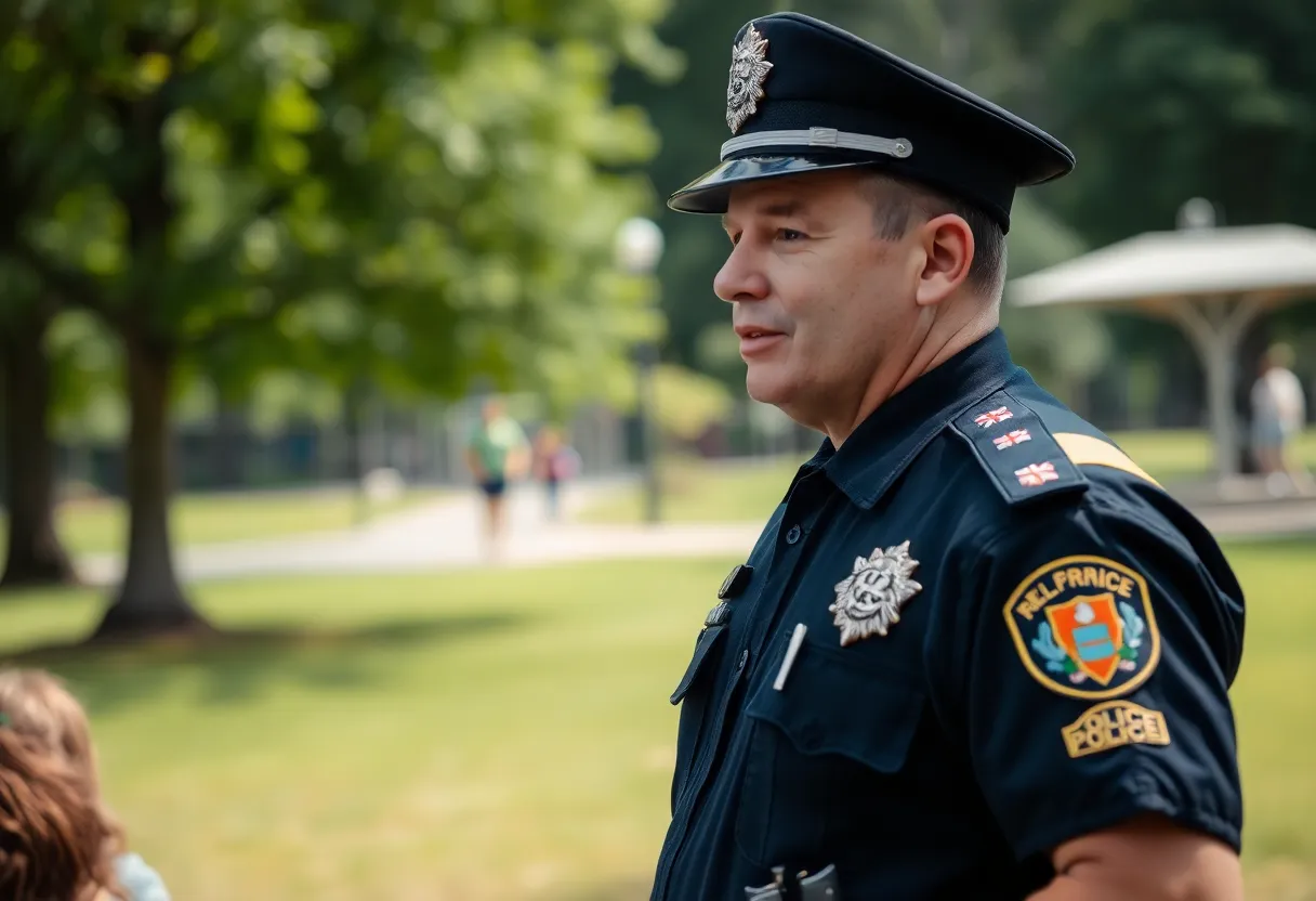 Police officer engaging with community members about child safety