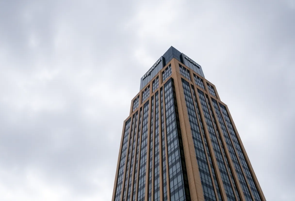 Regions Bank Tower in Shreveport against a cloudy sky
