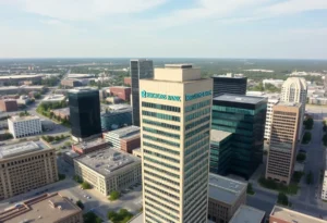 Aerial view of the Regions Bank Tower, highlighting its structure in downtown Shreveport.