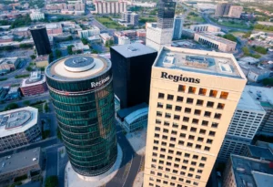 Aerial view of Regions Tower and Regions Building in downtown Shreveport