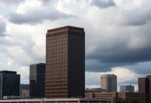 The Regions Tower in downtown Shreveport, Louisiana, showing signs of financial struggle.