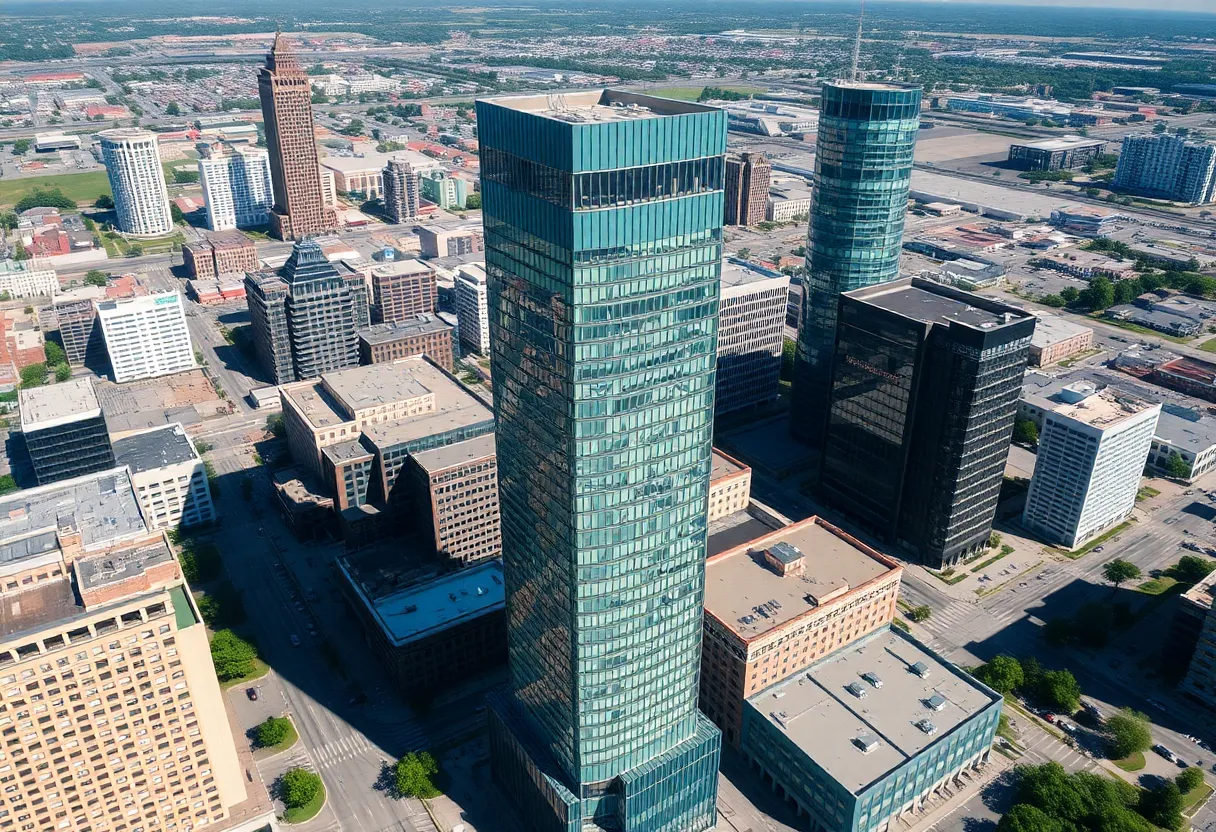 Aerial view of Regions Tower in downtown Shreveport