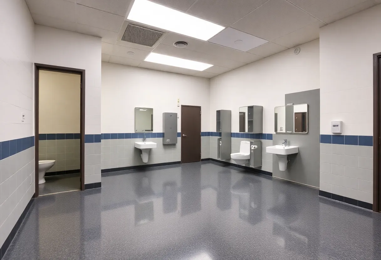 Modern renovated school restroom with epoxy flooring