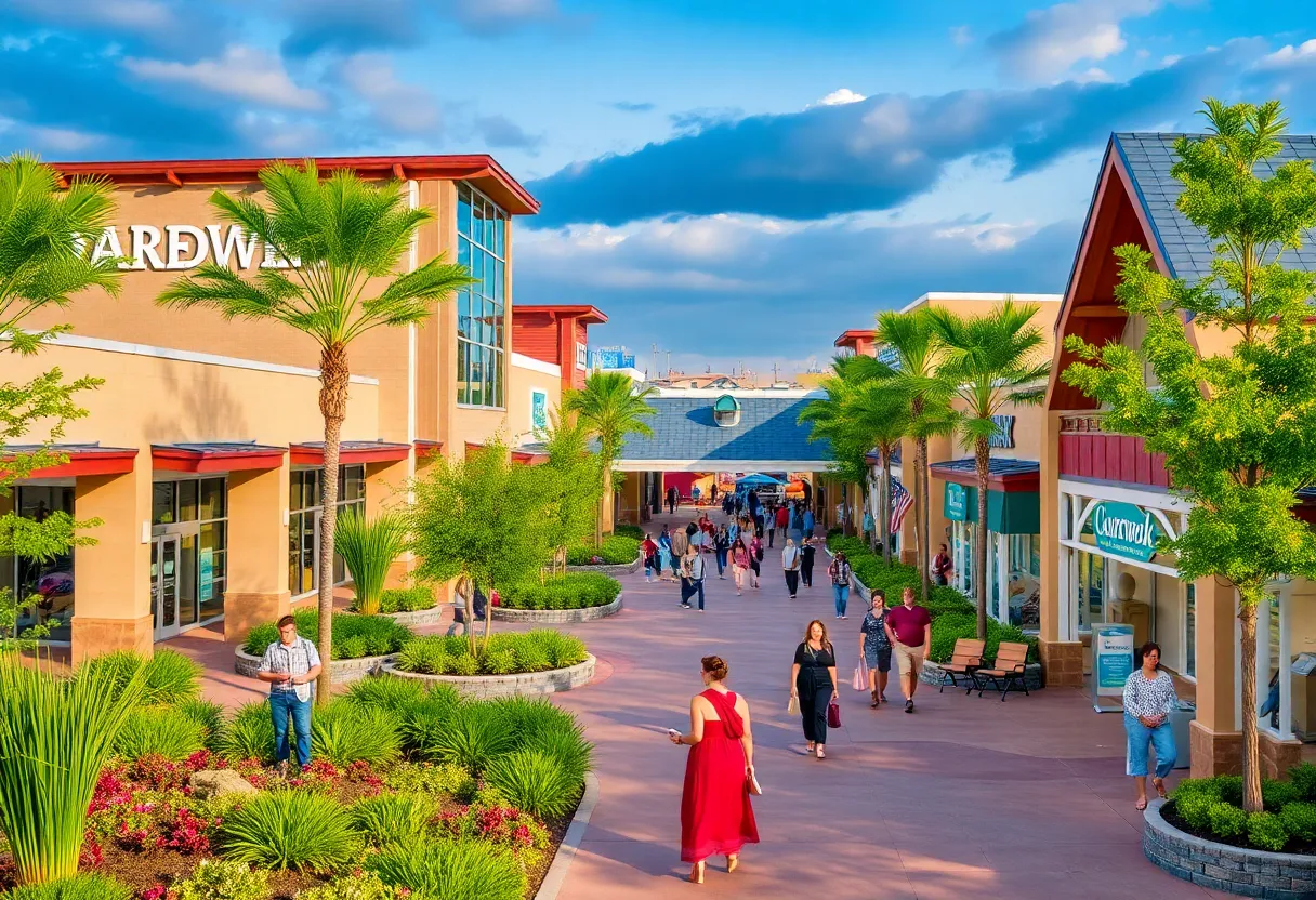 The revitalized Louisiana Boardwalk bustling with shoppers and entertainment.