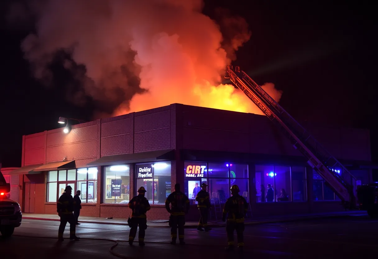 Firefighters extinguishing a fire at a commercial building in Shreveport
