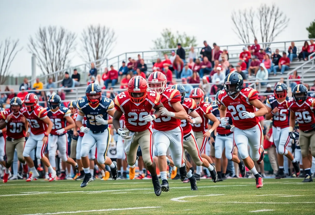 High school football players in action on a field during a game