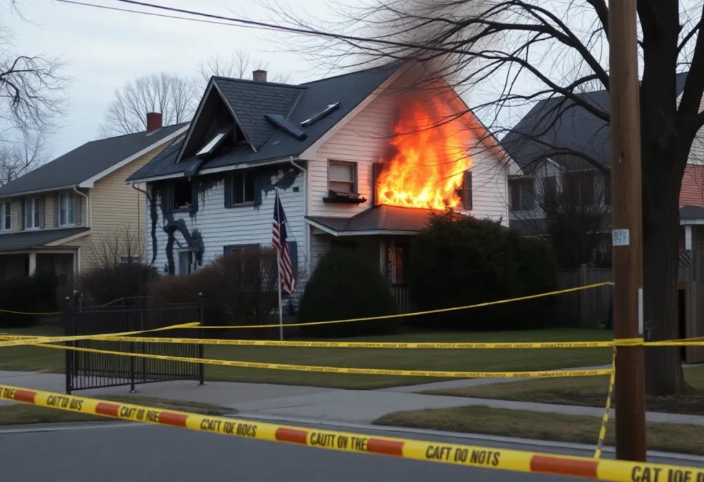 Fire-damaged house with surrounding caution tape in a residential area