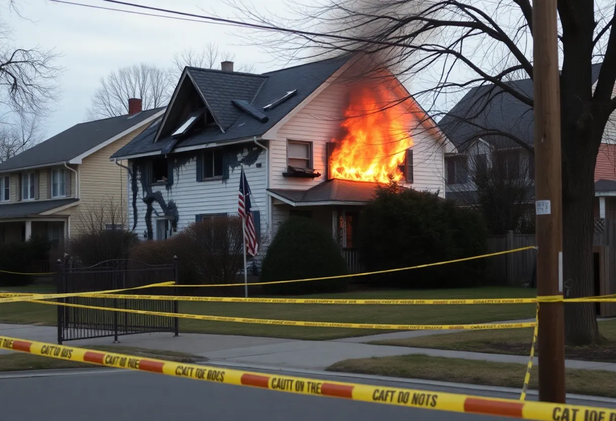 Fire-damaged house with surrounding caution tape in a residential area