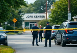 Police officers investigating an attempted homicide scene at a Job Corps Center.