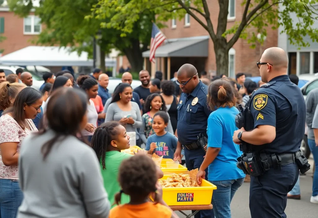 Families celebrating National Night Out in Shreveport with food and activities.