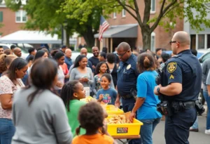 Families celebrating National Night Out in Shreveport with food and activities.