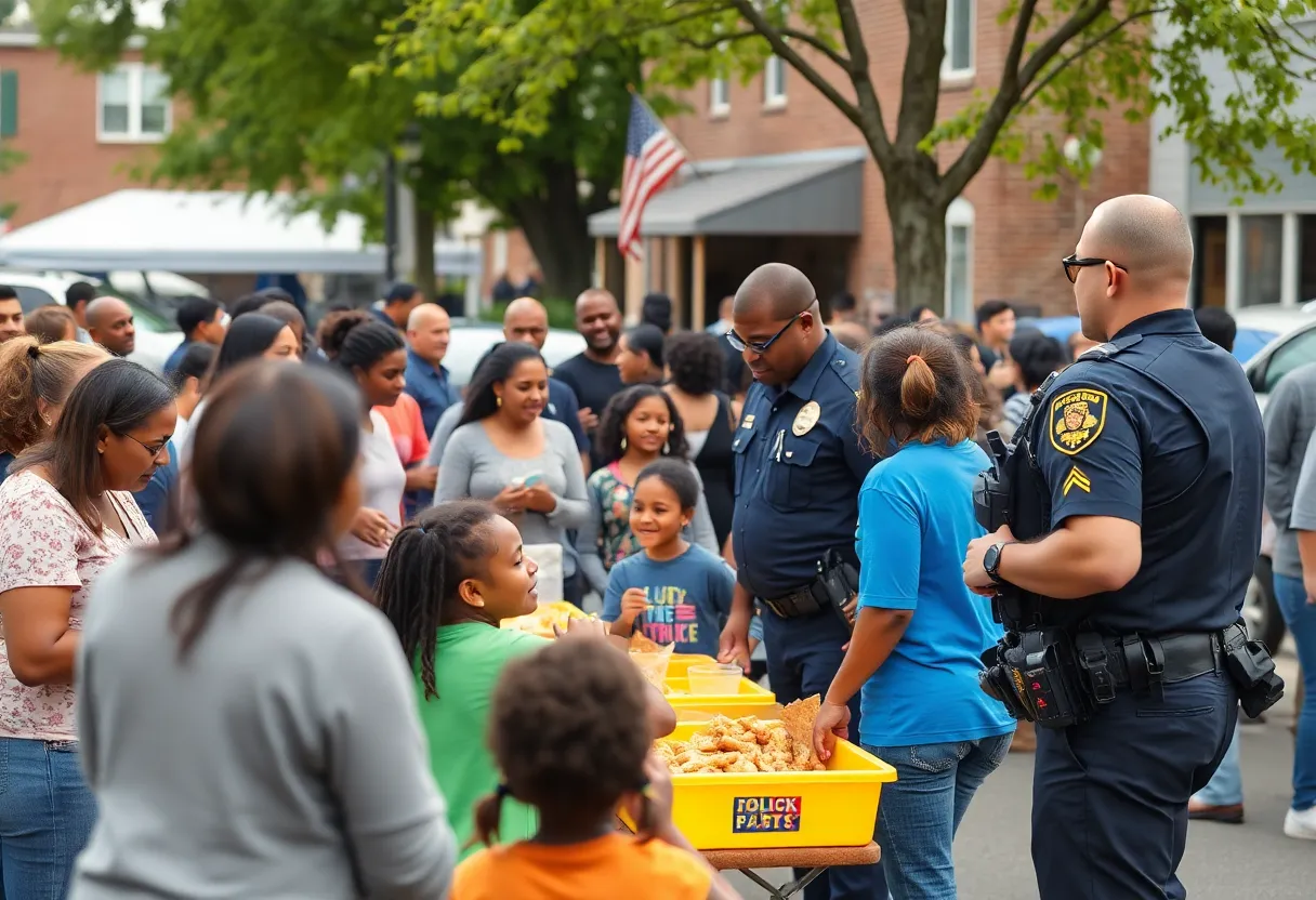 Families celebrating National Night Out in Shreveport with food and activities.
