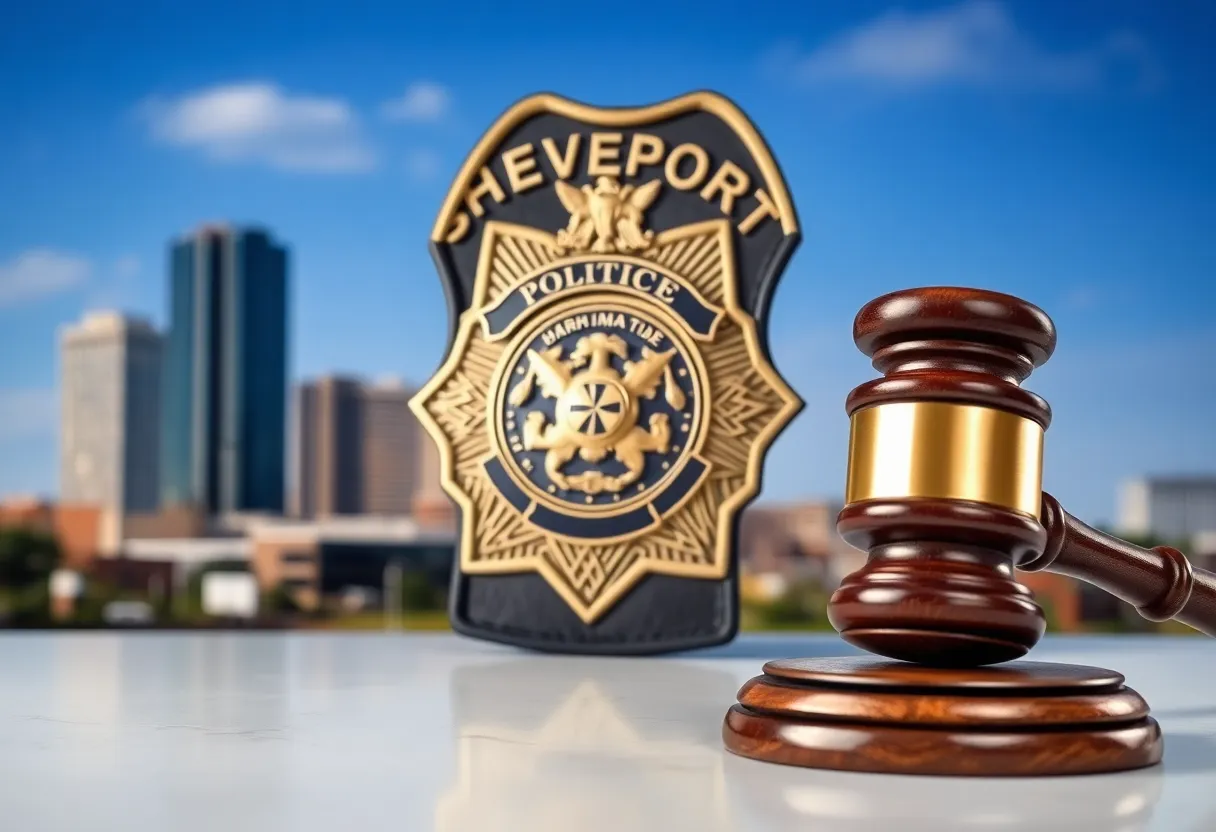 Illustration of a police badge with a gavel in front of a cityscape of Shreveport
