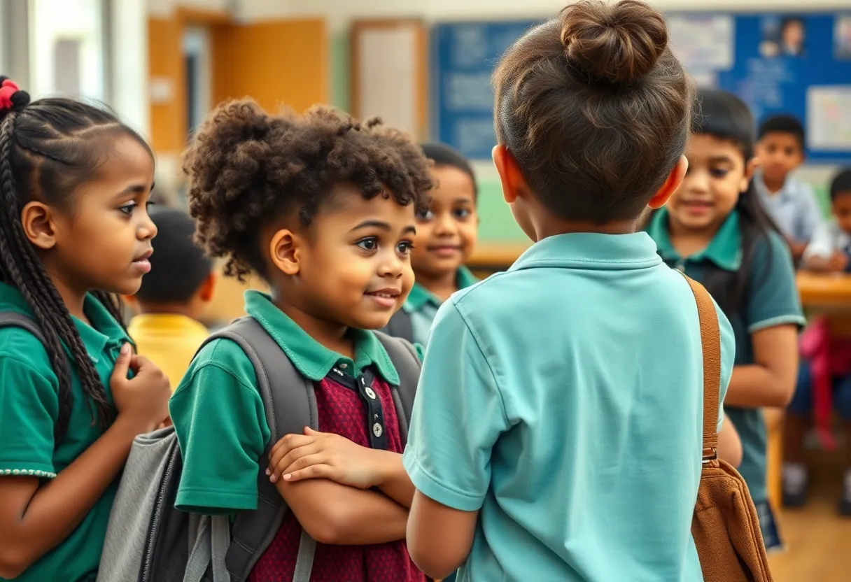 Illustration of a safe school environment emphasizing child protection.