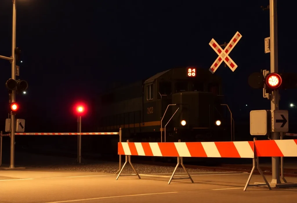 Train crossing with lowered barricades and warning lights