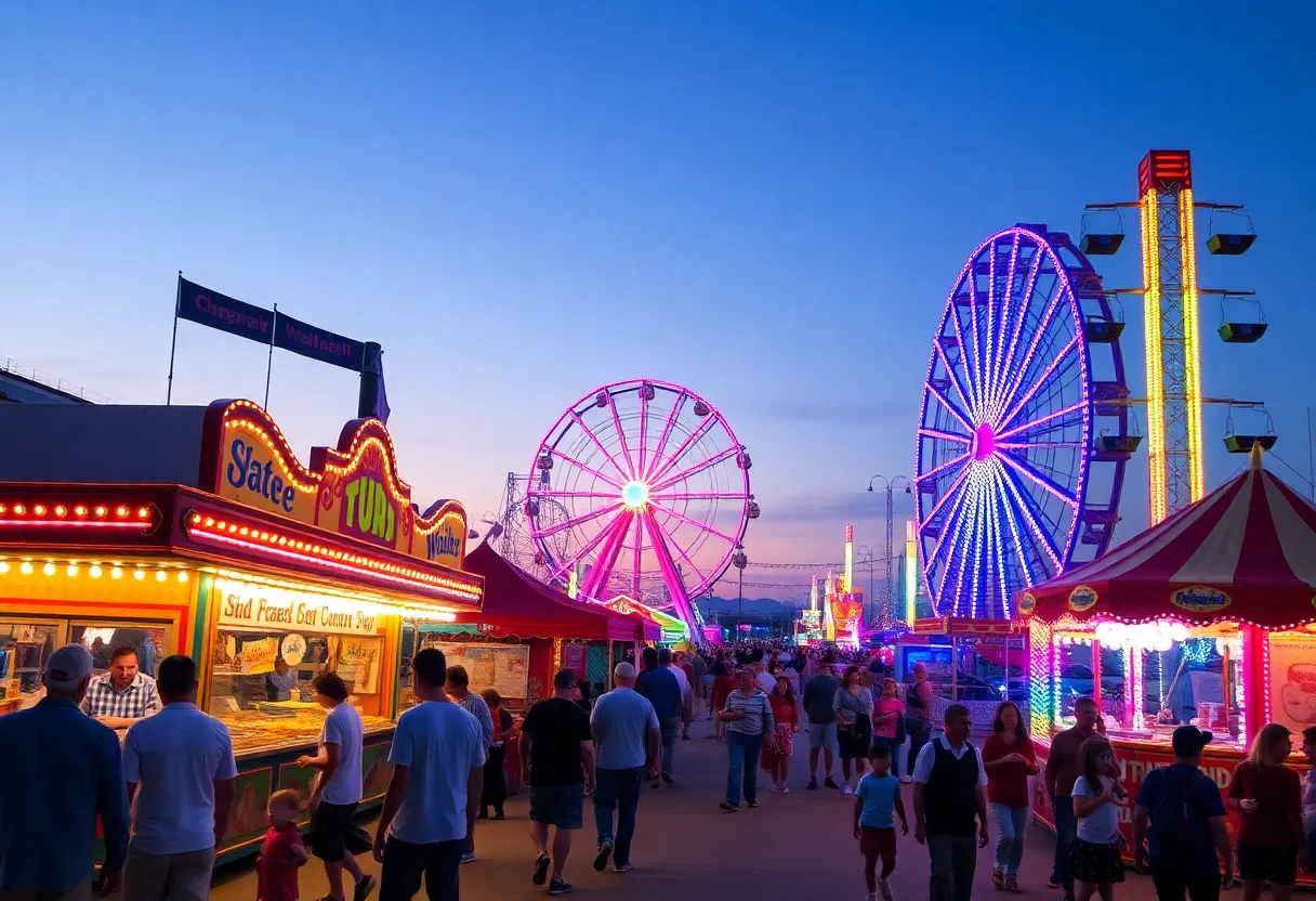 Colorful rides and food stalls at the State Fair of Louisiana
