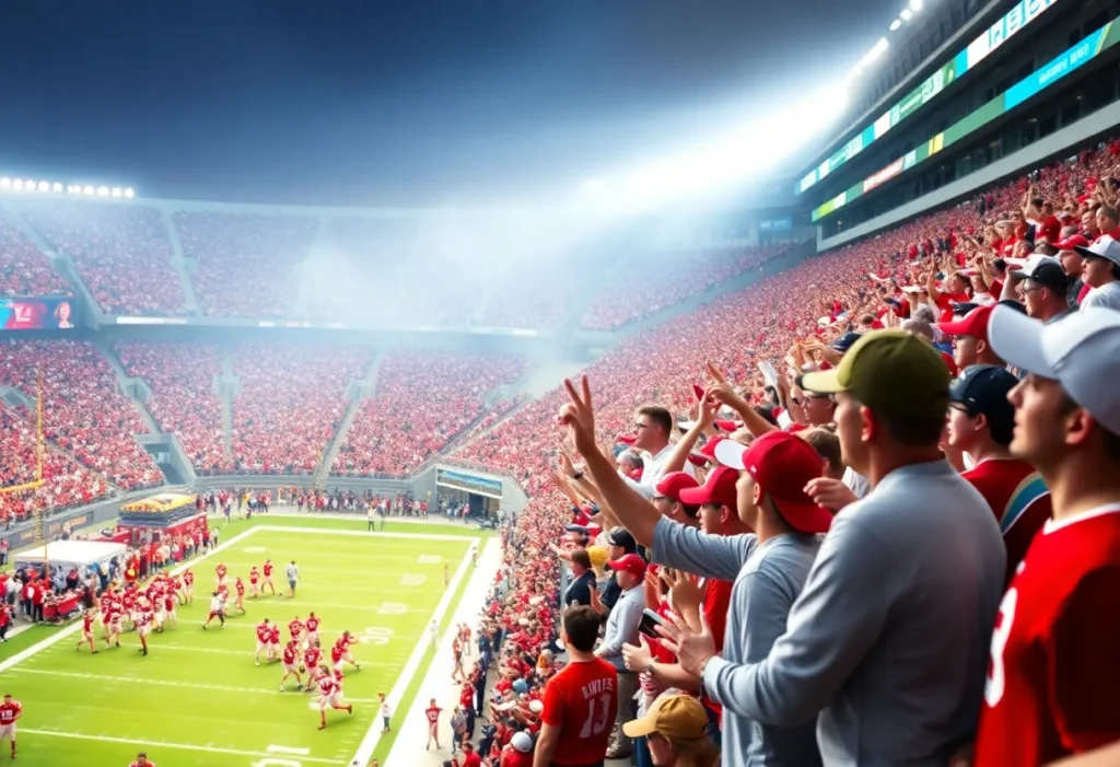 Texas A&M and LSU fans cheering in a packed stadium during a football game.