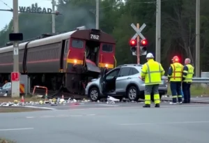 Aftermath of a train and SUV collision at a railroad crossing
