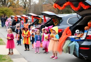 Families enjoying trunk-or-treat event with decorated cars and children in costumes.
