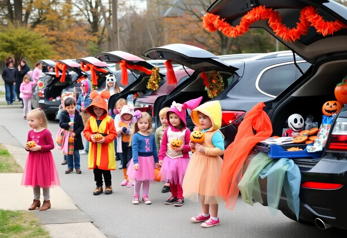 Families enjoying trunk-or-treat event with decorated cars and children in costumes.