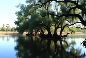 Scenic view of Twelve Mile Bayou surrounded by trees