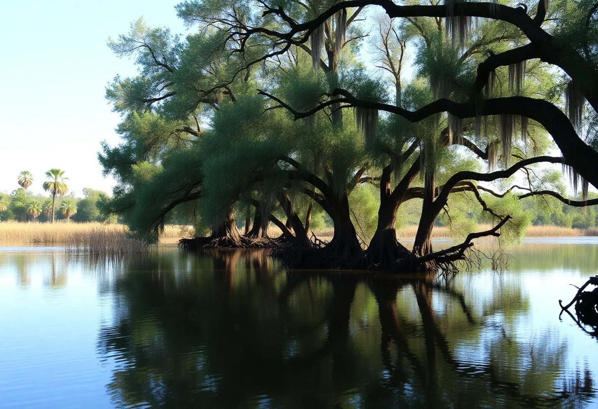 Scenic view of Twelve Mile Bayou surrounded by trees