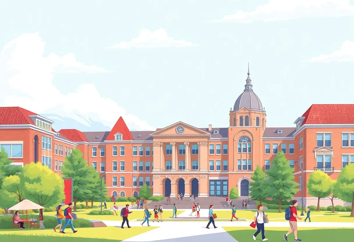 Concept art of a university campus with students.