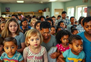 Children playing in a child care center amidst busy parents looking for assistance.