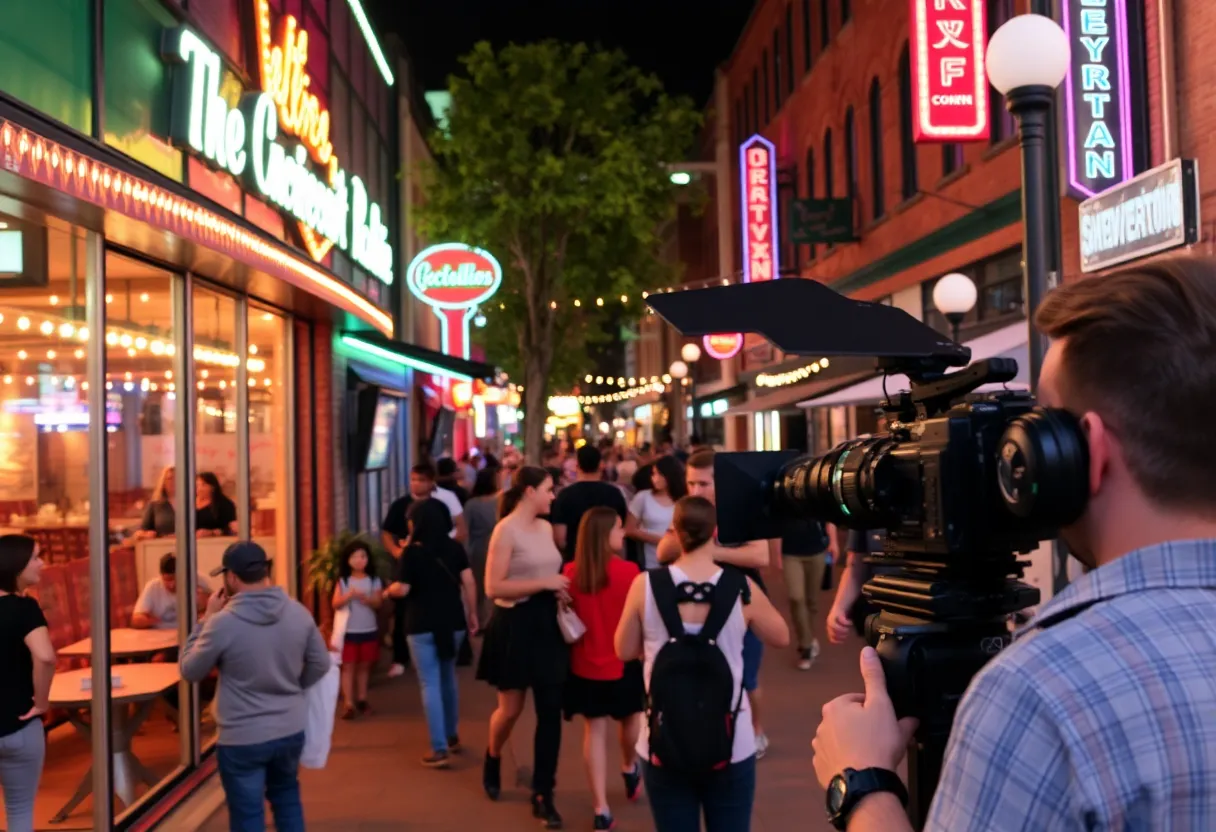 Vibrant scene of Shreveport's entertainment hub with modern architecture.